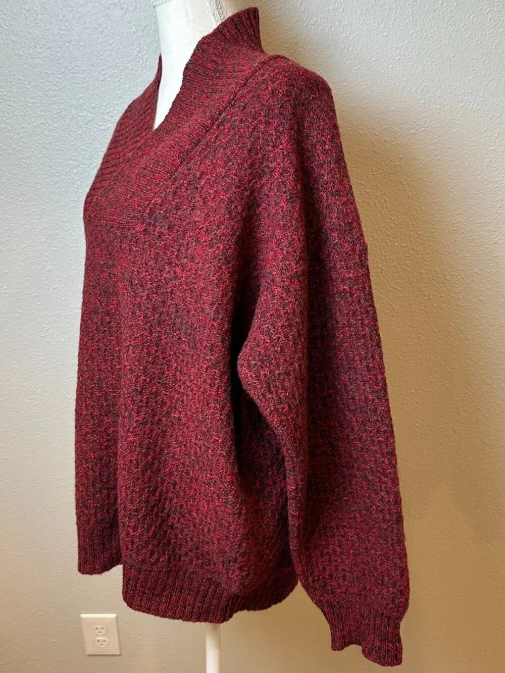 Vintage Crew Clothing Shetland Wool Sweater Large Red Marled Chunky Shawl Neck
